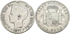 ALFONSO XIII (1885-1931). 1 Peso. (Ar. 24,82g/37mm). 1897. Manila SGV. (Cal-2019-122). BC.