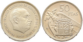 ESTADO ESPAÑOL (1936-1975). 50 Pesetas. (Ni. 12,48g/30mm). 1957 *75. Madrid. (Cal-2019-144). SC. Precioso tono dorado.