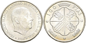 ESTADO ESPAÑOL (1936-1975). 100 Pesetas. (Ar. 18,89g/34mm). 1966 *19-67. Madrid. (Cal-2019-146 var). Variante leyenda del canto desplazada. EBC.