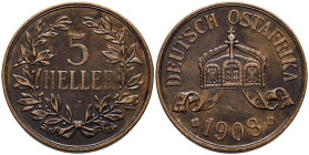 ÁFRICA ORIENTAL ALEMANA. 5 Heller (Ar. 19,99g/37mm). 1908. Guillermo II (1888-1918). Hamburgo J. (Km#11). MBC+.