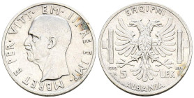 ALBANIA. 5 Lek (Ar. 4,97g/23mm). 1939. Víctor Manuel III. Roma. Ocupación italiana de Albania. (Km#33). MBC+.