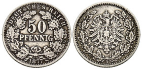 ALEMANIA, Guillermo I. 50 Pfennig. (Ar. 2,75g/20mm). 1877. Hannover B. (Km#8). MBC. Escasa.
