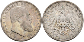 ALEMANIA, Guillermo II. 3 Mark. (Ar. 16,57g/33mm). 1909. Freudenstadt F (Wurtemberg). (Km#635). MBC+. Bonita pátina.