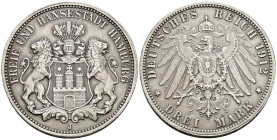 ALEMANIA. 3 Mark (Ar. 16,56g/33mm). 1912. Ciudad libre de Hamburgo. J. (Km#296). MBC+.