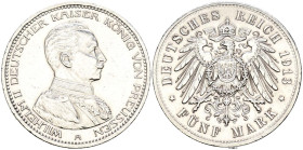 ALEMANIA. 5 Mark (Ar. 27,81g/38mm). 1913. Guillermo II. Berlín A. (Km#536). MBC+. Limpiada.