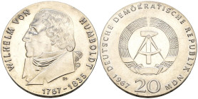 ALEMANIA. 20 Mark (Ar. 20,76g/33mm). 1967. RDA. Wilhelm von Humboldt. (Km#18). EBC+. Escasa.