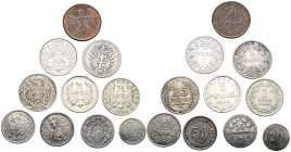 ALEMANIA. Interesante conjunto formado por 10 monedas de diferentes módulos acuñados durante el periodo del Imperio Alemán (7) y la República de Weima...