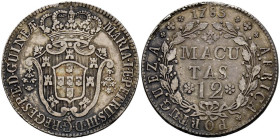 ANGOLA (Portuguesa), María I y Pedro III. 12 Macutas. (Ar. 17,26g/37mm). 1783. (Gomes 09.01). MBC+. Precioso tono.
