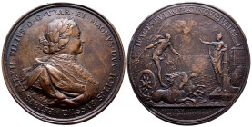 RUSIA, Pedro el Grande (1682-1725). Establecimiento de la Armada Rusa en el Mar Negro. (Ae. 131,85g/64mm). 1696. Grabadores: S. Yudin y J.G. Waechter....