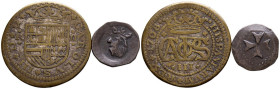 MONARQUÍA ESPAÑOLA. Interesante y bonita pareja de falsas de época: 2 reales de 1708 de Carlos III, el Pretendiente, y un Diner de Mallorca de Felipe ...