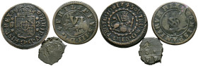 MONARQUIA ESPAÑOLA. Conjunto de 3 cobres pequeños de distintos reyes españoles. A EXAMINAR.