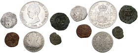 MONARQUIA ESPAÑOLA Y CENTENARIO. Interesane y variado conjunto formado por 6 monedas. Diferentes reyes, módulos, cecas y estados de conservación. A EX...