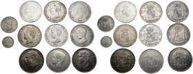 CENTENARIO DE LA PESETA. Conjunto de 11 monedas en plata, 9 de ellas con módulo de 5 Pesetas. Variedad de fechas y tipos. Diferentes estados de conser...