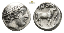 Thrace, Ainos AR Diobol. Circa 427-424 BC. (1.24g, 9,8mm, 3h). Head of Hermes right, wearing petasos / Goat standing right; vine tendril before. May, ...