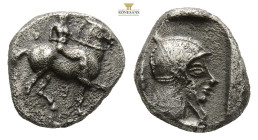 Thrace, Chersonesos.AR Diobol.Circa 480-440 BC. (1.33g, 10.6mm, 6h). Horseman advancing to right, carrying two spears. Rev. Archaic female head to rig...