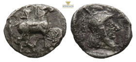 Thrace, Chersonesos.AR Diobol.Circa 480-440 BC. (0.87g, 11.5mm, 6h). Horseman advancing to right, carrying two spears. Rev. Archaic female head to rig...