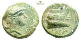 Kings of Macedon, Demetrios I Poliorketes AE. Salamis, Circa 300-295 BC. (1.19g, 11.6mm 12h.) Helmeted head of Athena to right / Prow of galley to rig...