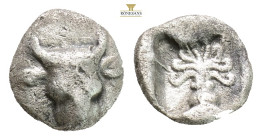 Euboia, Eretria AR Obol. Circa 500-465 BC. (0.63g, 8.8mm 6h.) Facing bull's head / Octopus within incuse square. BCD Euboia 324ff; BMC 33; SNG Copenha...