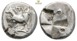 Thrace, Byzantion AR Siglos. Fourree. Circa 340-320 BC. (4.46g. 17mm.) Bull standing left on dolphin / Incuse mill-sail pattern. SNG BM Black Sea 21; ...