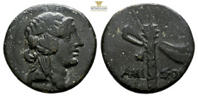 Pontos, Amisos. Time of Mithradates VI, AE Circa 85-65 BC. (3.66g, 18.8mm.) Wreathed head of Dionysos to right / Filleted thyrsus; monogram to lower l...