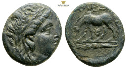Troas, Alexandria. AE 3rd-2nd century BC. (4.46g, 15.1mm.12h) Laureate head of Apollo to right / Horse grazing to left; ΑΛΕΞΑΝ above, monogram below, ...
