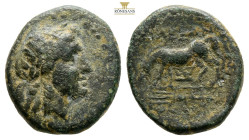 Troas, Alexandria. AE 3rd-2nd century BC. (3.78g, 16.5mm.12h) Laureate head of Apollo to right / Horse grazing to left; ΑΛΕΞΑΝ above, monogram below, ...