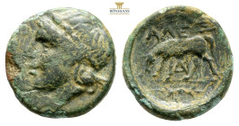 Troas, Alexandria. AE 3rd-2nd century BC. (2.10g, 14.1mm.12h) ) Laureate head of Apollo to left / Horse grazing to left; ΑΛΕΞΑΝ above, SNG Copenhagen ...