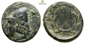 Troas, Birytis. Circa 350-300 BC. (5.49g, 19mm 4h.) Head of Kabeiros to left, wearing pileos; two stars above / Upright club, B-I P-Y across fields, a...