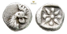 Troas, Dardanos. AR Hemiobol, 5th century BC.(0.54g, 7.3mm.) v:Head of rooster facing right Floral ornament with eight petals around central pellet; a...