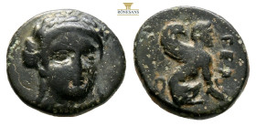 Troas, Gergis. AE 4th century BC. (1.77g, 7.4mm 12.5h.) Laureate head of the Sibyl Herophile facing slightly to right, wearing necklace / Sphinx seate...
