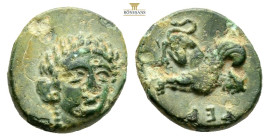 Troas, Gergis. AE 4th century BC. (1.56g, 9.6mm 12h.) Laureate head of the Sibyl Herophile facing slightly to right, wearing necklace / Sphinx seated ...