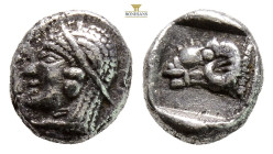 Troas, Kebren AR Triobol. 5th C. BC. (1.05g, 8.9mm 9h.)Head of Apollo l. / Head of ram l. in incuse square. SNG vA 1546; SNG Ashmolean 1086