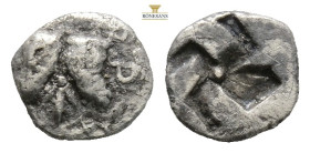 Troas, Kebren AR Hemiobol. Circa 420-412 BC. (0.44g, 3.8mm 9h.)Confronted heads of rams, floral sprig between / Quadripartite incuse square. Cf. SNG C...