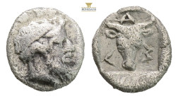 Troas, Lamponeia AR Obol. 4th C. BC.(0.60g, 8.6mm 1h.) Wreathed and bearded head of Dionysos r. / Bucranium in incuse square. SNG Copenhagen