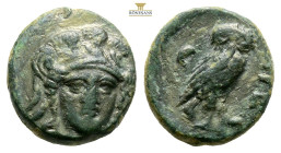 Troas, Sigeion. AE Circa. 355-334 BC. (2.27g,13.3mm 12h.) Helmeted head of Athena facing slightly r. / Owl standing r., head facing; crescent behind. ...
