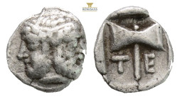 Islands off Troas, Tenedos AR Obol.Circa 5th Century BC. (0.61g, 8.7mm 8h.) Janiform head, female on left, male on right / Labrys (double axe) within ...