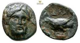 Mysia, Adramytteion. AE Mid-Fourth Century BC. (1.84g, 13.1mm 8h.) Head of Zeus three-quarter facing to right. Reverse: Eagle standing left on altar, ...