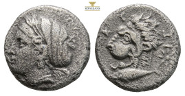 Mysia, Kyzikos AR Drachm. Circa 390-340 BC. (3.g, 14.1mm 6h.)Wreathed head of Kore Soteira left, hair in sakkos; [ΣΩTEIPA] above / Head of roaring lio...