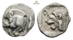 Mysia, Kyzikos AR Obol. Circa 450-400 BC. (0.79g, 10.3mm 6h.)Forepart of boar left; to right, tunny upward / Head of roaring lion left; retrograde K t...