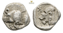 Mysia, Kyzikos AR Obol. Circa 450-400 BC. (0.80g, 8.8mm 6h.)Forepart of boar left; to right, tunny upward / Head of roaring lion left; retrograde K to...