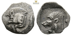 Mysia, Kyzikos AR Obol. Circa 450-400 BC. (0.70g, 12.5mm 3h.)Forepart of boar to left, tunny fish behind / Head of roaring lion to left within incuse ...