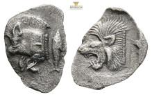 Mysia, Kyzikos AR Obol. Circa 450-400 BC. (0.62g, 14.1mm 3h.)Forepart of boar to left, tunny fish behind / Head of roaring lion to left within incuse ...