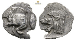 Mysia, Kyzikos AR Obol. Circa 450-400 BC. (0.63g, 11.6mm 3h.)Forepart of boar to left, tunny fish behind / Head of roaring lion to left within incuse ...
