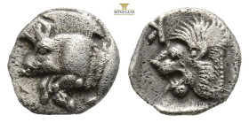 Mysia, Kyzikos AR Obol. Circa 450-400 BC. (0.77g, 9.6mm 6h.)Forepart of boar left; to right, tunny upward / Head of roaring lion left; retrograde K to...