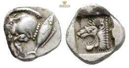Mysia, Kyzikos AR Diobol. Circa 450-400 BC. (1.27g, 11.1mm3h.) Forepart of boar to left, tunny fish behind / Head of roaring lion to left within incus...