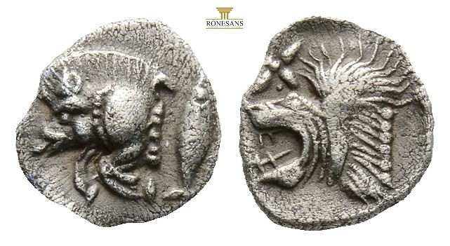 Mysia, Kyzikos AR Obol. Circa 450-400 BC. (0.40g, 8.5mm3h.) Forepart of boar to ...