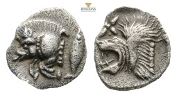Mysia, Kyzikos AR Obol. Circa 450-400 BC. (0.40g, 8.5mm3h.) Forepart of boar to left, tunny fish behind / Head of roaring lion to left within incuse s...