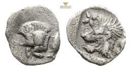 Mysia, Kyzikos AR Obol. Circa 450-400 BC. (0.20g, 7.3mm3h.) Forepart of boar to left, tunny fish behind / Head of roaring lion to left within incuse s...