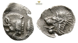 Mysia, Kyzikos AR Obol. Circa 450-400 BC. (0.32g, 10.2mm3h.) Forepart of boar to left, tunny fish behind / Head of roaring lion to left within incuse ...
