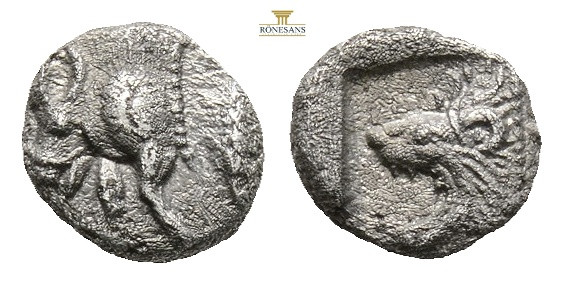 Mysia, Kyzikos AR Obol. Circa 450-400 BC. (0.30g, 7.3mm3h.) Forepart of boar to ...